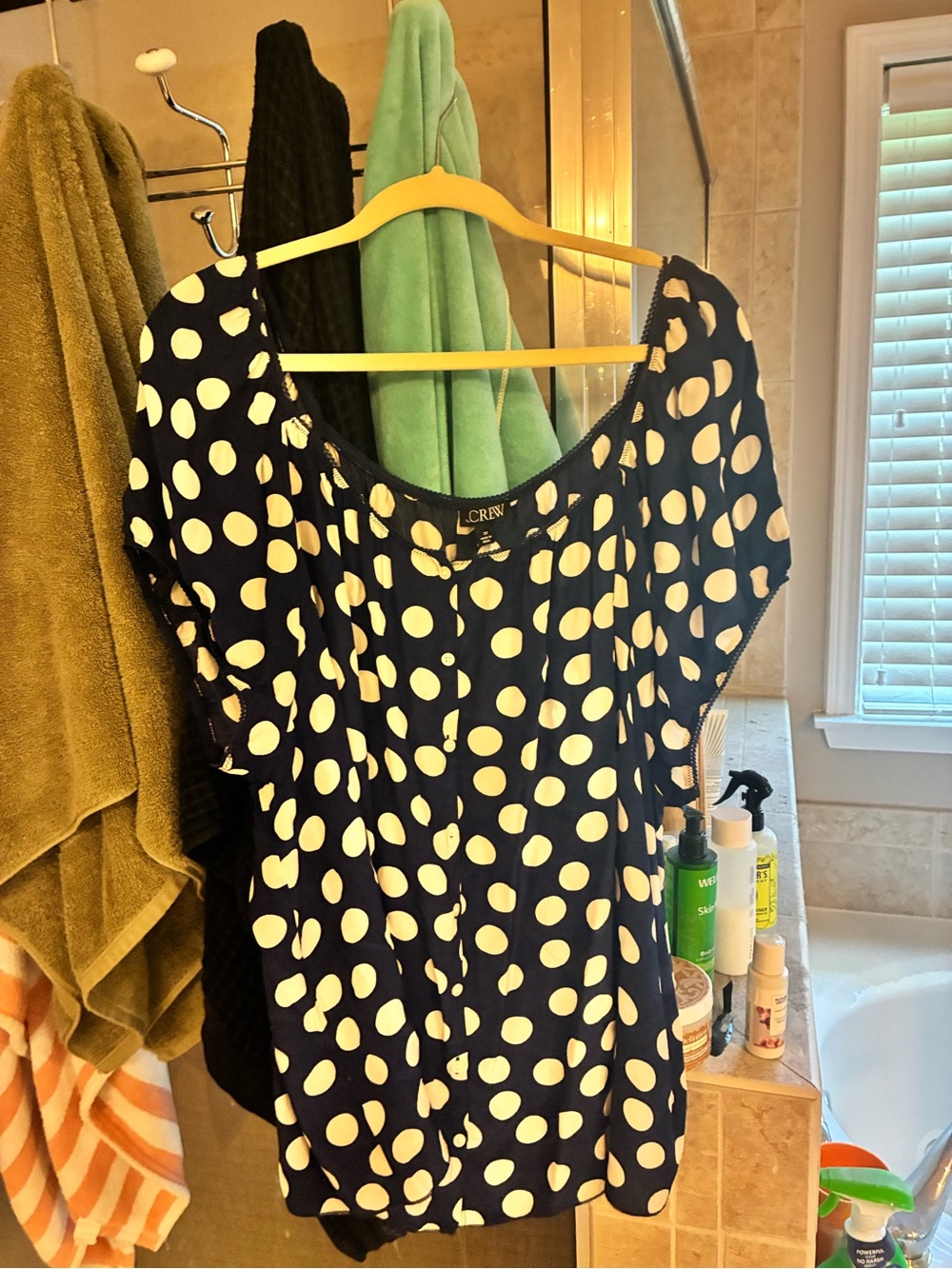 J. Crew Navy and White Polka Dot Short Sleeve Blouse